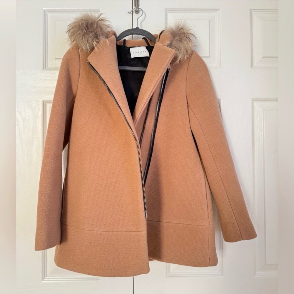 Sandro Tan Trench Coat with Faux Fur Hood